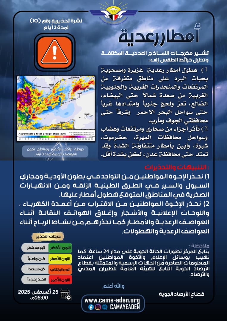 الأرصاد الجوية تحذر من أمطار رعدية غزيرة مصحوبة بالبرد في عدة محافظات 